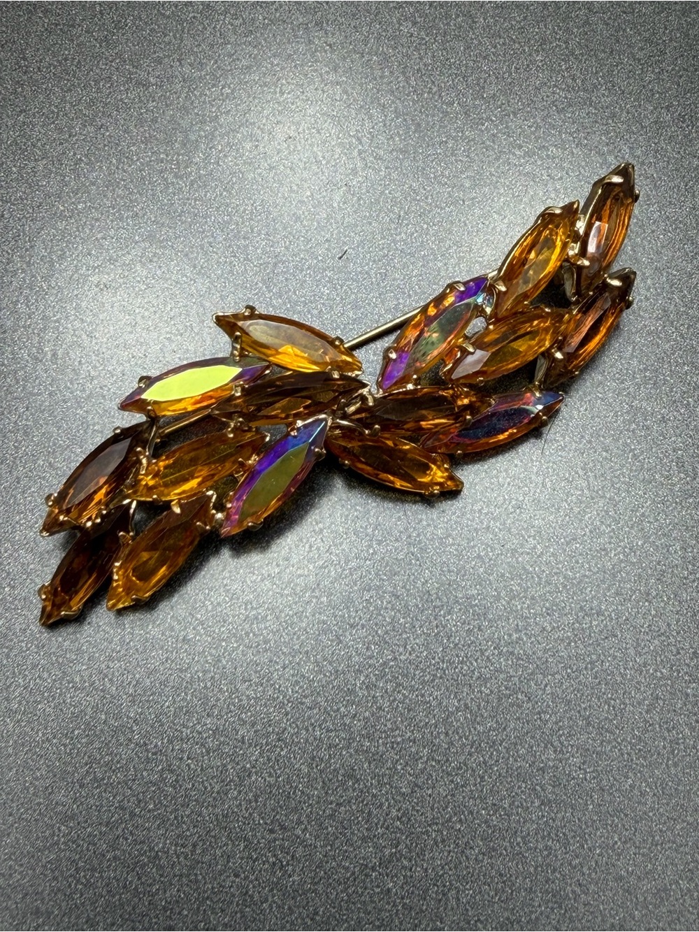 Vintage Amber Marquise Crystal Leaf Brooch cz521